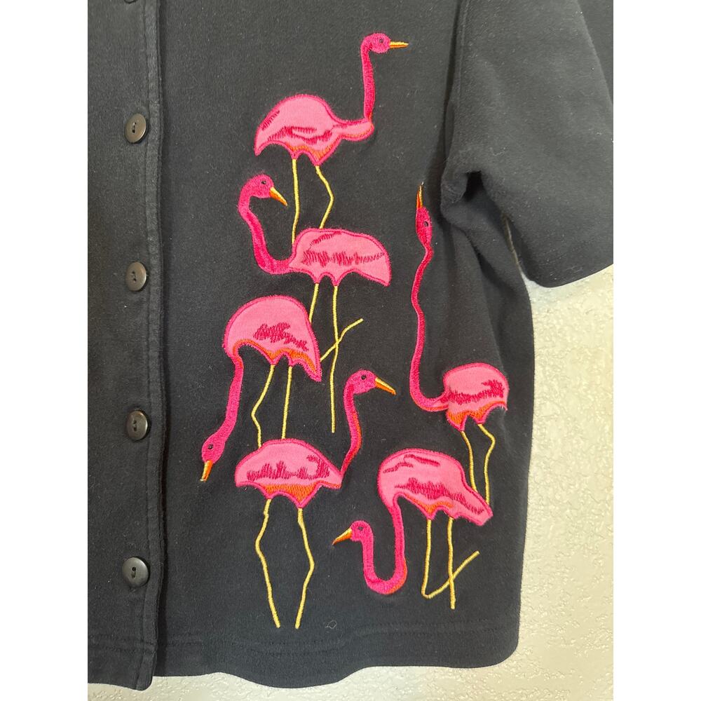 Vintage Short Sleeve Embroidered Flamingos Cardigan Womens Large Black Pink - Picture 2 of 8